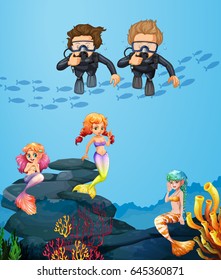 People diving underwater with mermaids illustration