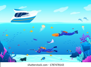 People diving vector illustration. Cartoon flat underwater panoramic blue seascape with freediver characters swimming and hunting, coral reef, ocean sea fish, bottom nature marine wildlife background