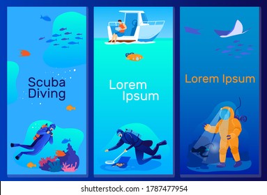 People diving vector illustration set. Cartoon flat scuba diver character dives in ocean or sea tropical nature, swimming with fishes in natural coral reefs, extreme underwater sport vertical banners