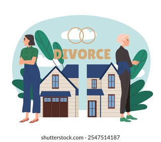 Personas en divorcio. Hombre y mujer con la mitad de la casa. Bienes raíces y propiedad privada. Esposo y esposa en conflicto. Mala relación. Ilustración vectorial plana aislada sobre fondo blanco