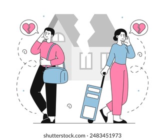 People in divorce. Man and woman separate and share house. Breakup in relationships. Negative feelings and emotions. Exhusband and exwife. Linear flat vector illustration isolated on white background