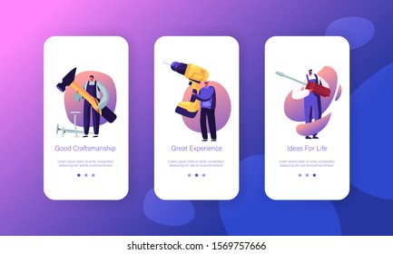 People with Diy Tools Mobile App Page Onboard Screen Set. Handyman Workers Holding Huge Instruments for Home Renovation Works. Engineer Occupation Website or Web Page. Cartoon Flat Vector Illustration