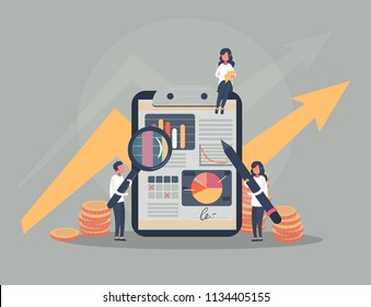 People do business, watch graphs and calculate profits. Vector illustration.