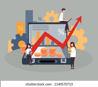 People do business, watch graphs and calculate profits. Vector illustration.