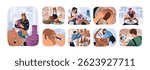 People do ceramics set. Artisans create crockery with pottery wheel in workshop. Potters work with clay, making handmade ware, vase in art class. Flat isolated vector illustrations on white background