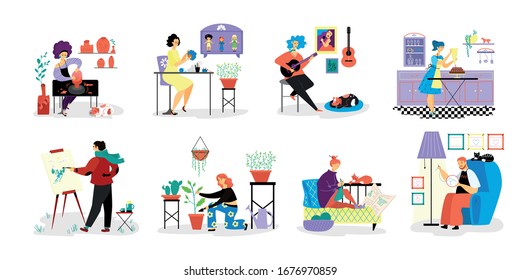 People do creative artistic hobbies on vector hand drawn hobby illustration isolated on white. Person do favorit hobbies, draw, play guitar, embroider, knit, grow plants, do pottery, sew toys, cooking