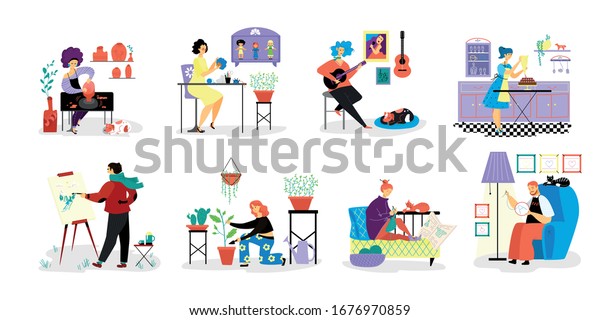 People do creative artistic hobbies on vector
hand drawn hobby illustration isolated on white. Person do favorit
hobbies, draw, play guitar, embroider, knit, grow plants, do
pottery, sew toys,
cooking