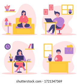 People do different activities while stay at home. People in quarantine and isolation stay at home. People do: watch tv or movie, work from home, study online and enjoy coffee.