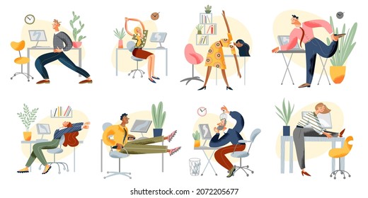 La gente hace ejercicio en el lugar de trabajo de la oficina conjunto de ilustración vectorial. Caricatura de hombres felices hombres mujeres personajes obreras toman un descanso saludable del trabajo, estiran el cuerpo, la espalda y los hombros aislados en blanco