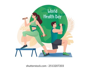 People do exercises concept with people scene in the flat cartoon style. World Health Day illustration of a man and woman doing fitness exercises with dumbbells. Vector illustration.