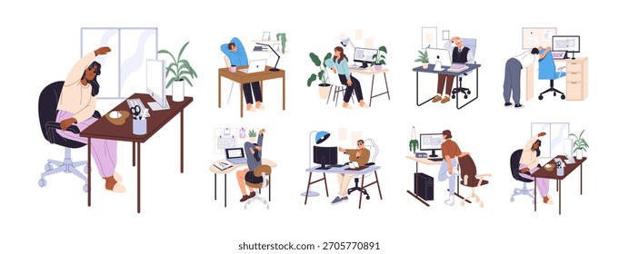 Las Personas hacen ejercicios en el escritorio. Los empleados con trabajo sedentario practican yoga en el lugar de trabajo. Hombres y mujeres estiran el cuerpo en la mesa de la computadora, silla. Ilustraciones vectoriales aisladas planas en blanco