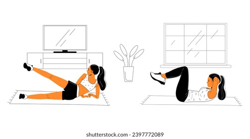 La gente hace ejercicios, ocupaciones, hace yoga. Las mujeres hacen deportes en casa. Una colección de ejercicios en casa. Ilustración del vector