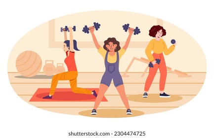 People do exercises. Women with dumbbells and on mat. Girls on background of fitball and benches for abs. Active lifestyle and sports. Lose weight and build muscle. Cartoon flat vector illustration