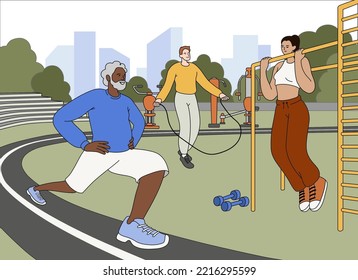 People do fitness exercises in summer workout park. Outdoor sport area with equipment for activities. Flat diverse active characters training. Flat diverse active characters stretching, skipping rope.