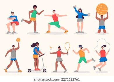 People do fitness set in flat design. Men and women running, exercising with dumbbells and balls, rope jump, yoga asanas. Bundle of diverse characters. Vector illustration isolated persons for web