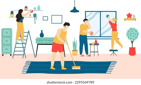 People do home cleaning. Family doing houseclean, man sweeping carpet with a brush, man and woman cleaning window, women dusting shelves with houseplants. Daily routine, hygiene vector