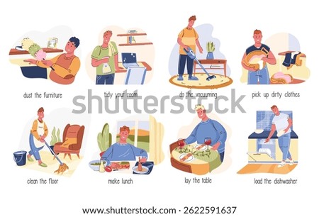People do housework cartoon set. Funny male and female characters dust furniture, load dishwasher, clean and tidy room, cook lunch. Housework, cartoon chores actions collection vector illustration