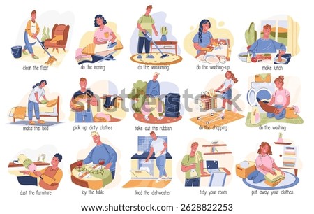 People do housework cartoon set. Funny man and woman cleaning floor and furniture, doing laundry and shopping, washing dishes and ironing. Housework cartoon actions collection vector illustration
