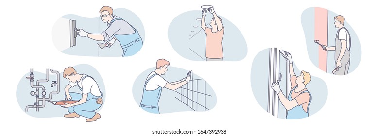 People do interior decoration, repair set concept. Illustration of young men painters, plumbers, plasterers doing interior decoration of building isolated on white background. Repair in cartoon style.