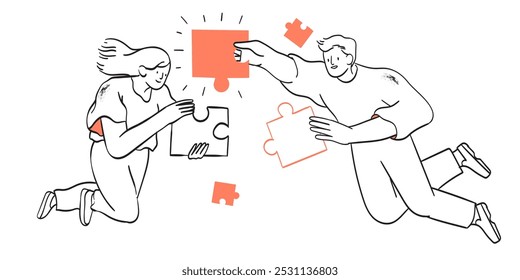 People do jigsaw puzzle together. Company employees coordination, effective team building and management, personnel productivity, teamwork, leadership concept. Vector illustration in doodle line style