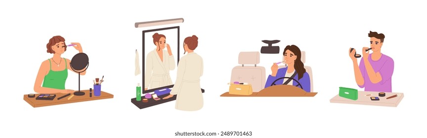 People do makeup, beauty routine set. Different women do visage in front of mirror, applying, remove cosmetic products. Girl do make up while driving car. Flat isolated vector illustrations on white