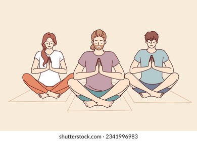 People do meditation and yoga sitting on fitness mats and taking lotus position to do zen practice. Friends meditate and do yoga to cleanse soul and improve mental state after difficult life period.