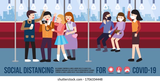 People do not cooperate in social distancing for coronavirus vector illustration. Transport public train society to protect from COVID-19 outbreak spreading concept. Travel by train