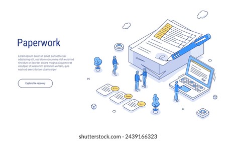 People do paperwork concept design. everyday life of an office worker. People stand near a large stack of paper documents and work at a computer. Outline Isometric 3d vector illustration 