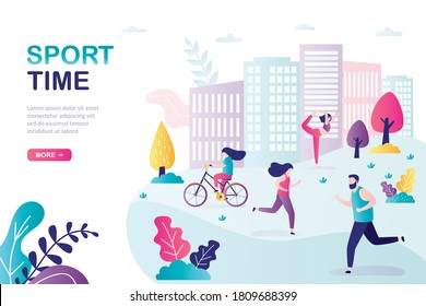 People do physical activity outdoors. Female character rides bicycle at park. Woman and man running outdoor in sportswear. City landscape. Homepage or landing page template. Flat vector illustration