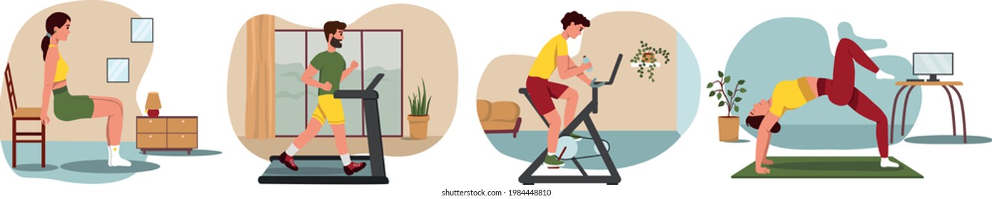 People do physical exercise at home. Man and woman go in for sports at home. Workout set. Stock vector flat illustration in cartoon style.