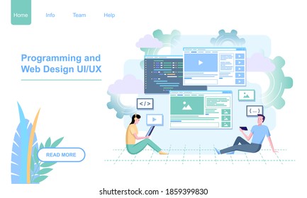 People do programming. Web Design UI UX landing page website template. Flat style vector illustration