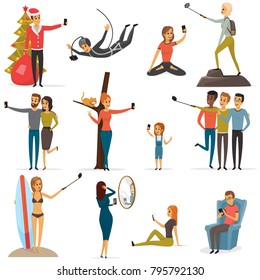 People do selfies with Christmas tree, in air, during yoga, on rock, together with friends and cat, in mirror and on chair vector illustrations set.