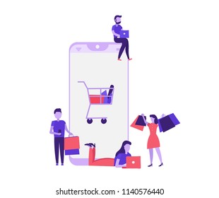 People do shopping with their smartphones and laptop. E-commerce, mobile shop, online market, store concept. People shopping with shop bags. Modern flat cartoon vector illustration. 
