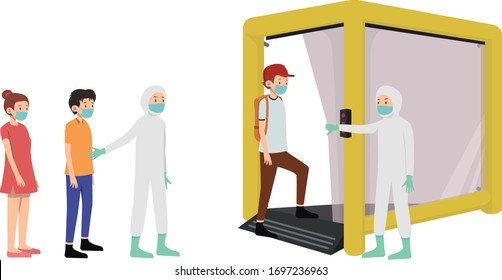 People do social distancing queue to get their body sterilized on decontamination chamber
 svg