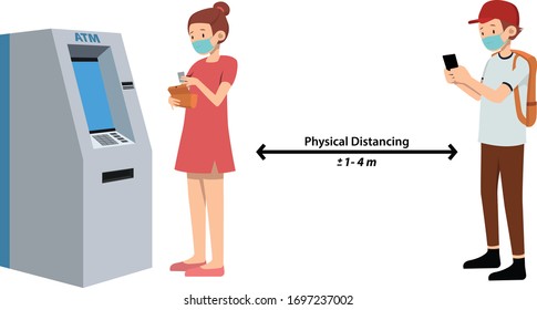 People do social distancing queue on ATM
