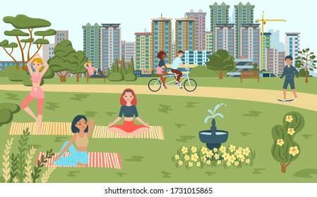 People do sport in park, yoga, bicycling, scating recreations in summer, walkway playground and attractions fountain cityscape flat vector illustration. Lifestyle in park outdoor, sport and leisure.
