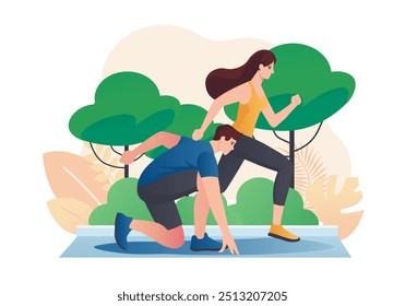 Las Personas hacen concepto deportivo con la escena de la gente en el estilo plano de la historieta. Un hombre y una mujer corren juntos en el parque y sienten la determinación y la alegría de la actividad al aire libre. Ilustración vectorial.