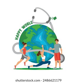 People do sports every day. Group of people celebrating World Health Day. World Health Day concept. Flat vector illustration.