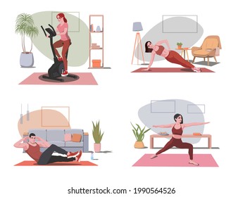 People do sports at home. Woman and man work out indoors on fitness equipment. Yoga and fitness, healthy lifestyle. Stock vector illustration