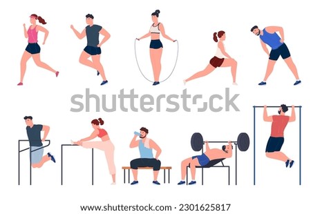 People do sports. People run and keep fit in the park. Healthy lifestyle. Vector illustration