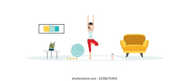 People do sports. People do sport exercises at home. Vector illustration