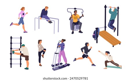 Las Personas hacen deportes. Aparatos de fitness y torniquetes. Atletas haciendo ejercicios. Entrenamiento de la ciudad. Formación de personas. Hombre en la cinta de correr. Mujer corriendo. En cuclillas y estiramiento