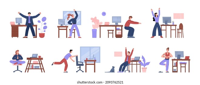 La gente hace deportes en su lugar de trabajo. Descanso saludable en el trabajo. Conjunto de ilustraciones de dibujos animados planos vectoriales. Diseño de caracteres.