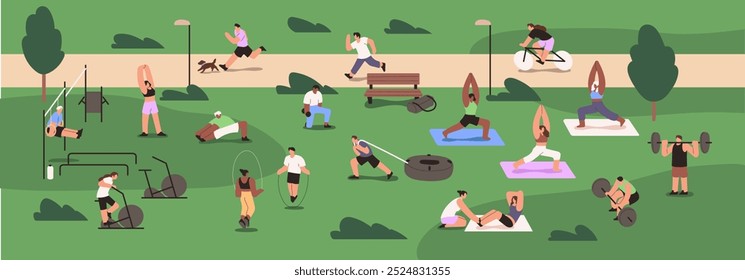 Personas hacen ejercicio en la calle en el parque de la ciudad. Los hombres y mujeres activos hacen ejercicios físicos, cardio y entrenamiento de fuerza al aire libre. Los atletas practican yoga, fitness en terreno deportivo. Ilustración vectorial plana