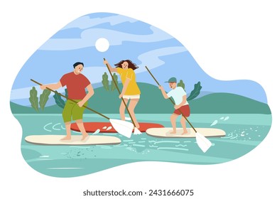 People do summer water sports. Flat graphic vector illustration isolated on white background