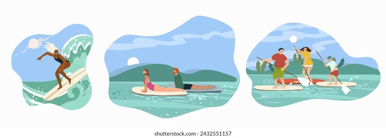 People do summer water sports. Flat graphic vector illustrations set isolated on white background.