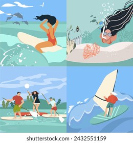 People do summer water sports. Flat graphic vector illustrations set isolated on white background.