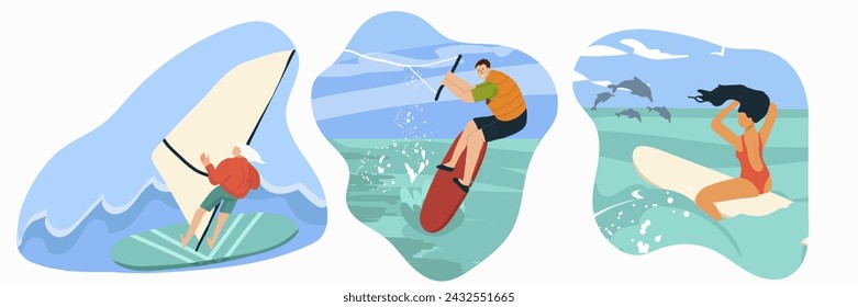 People do summer water sports. Flat graphic vector illustrations set isolated on white background.