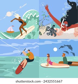 People do summer water sports. Flat graphic vector illustrations set isolated on white background.