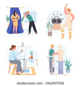 People do their favorite hobby concept scenes set. Men photographing or make sculpture. Women dancing or painting. Collection of people activities. Vector illustration of characters in flat design